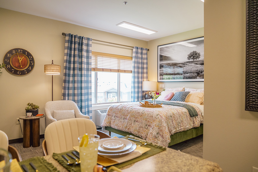 Interior photo of light filled, assisted living resident room at Fieldstone Village at Keizer Ridge.