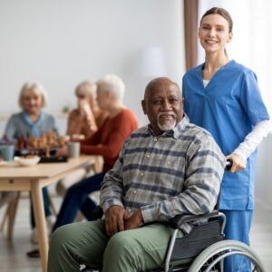 An older man smiles while at respite care.