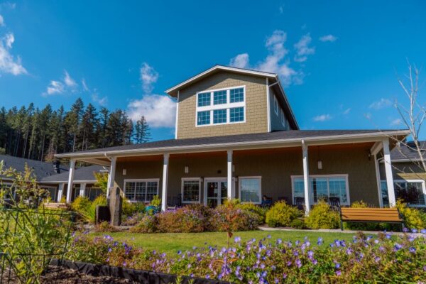 Back porch and secure courtyard area at Fieldstone Memory Care of Silverdale