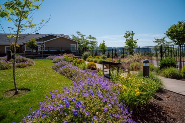 Fieldstone Memory Care of Silverdale secure courtyard with flowers and rasied garden bed.