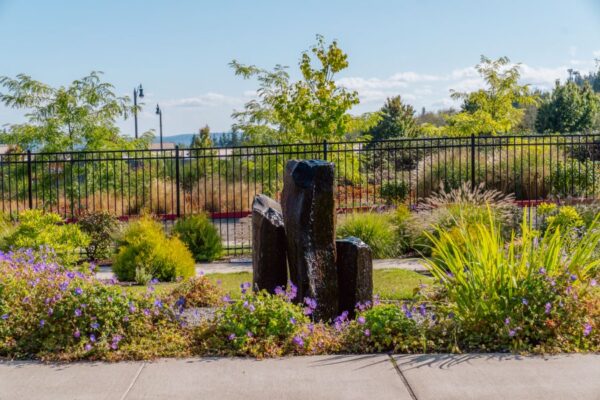 Fountain the secure courtyard of Fieldstone Memory Care of Silverdale.