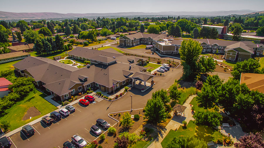 Aerial view of a residential community surrounded by greenery.