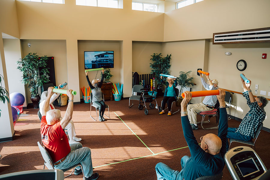 Seniors participating in a seated exercise class with props.